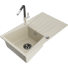 Mexen Cesar granite sink single-bowl with drainer and Flora kitchen faucet, beige - 6514-69-670401-07-B
