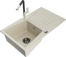 Mexen Cesar granite kitchen sink with 1 bowl with drainer and Flora kitchen faucet, beige - 6514-69-670401-07-B