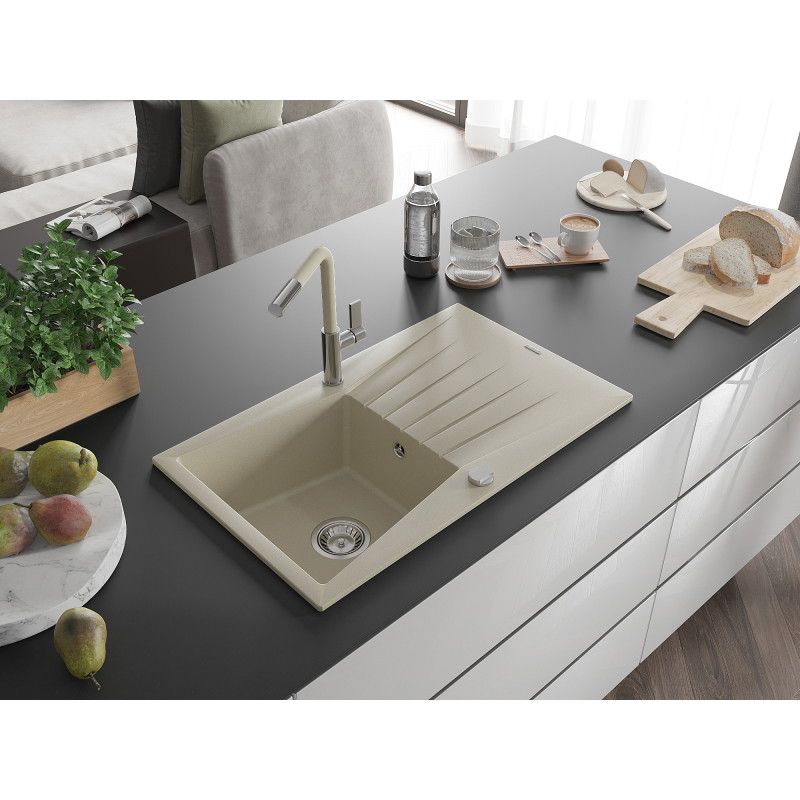 Mexen Cesar granite 1-bowl sink with drainer and Flora kitchen faucet, beige - 6514-69-670401-09