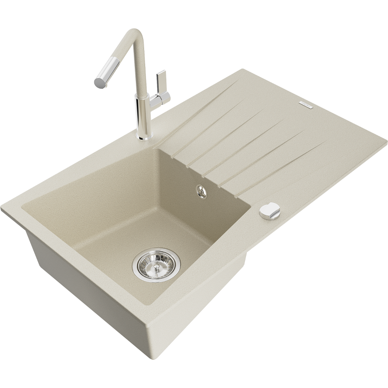 Mexen Cesar 1-bowl granite sink with drainer and Flora kitchen faucet, beige - 6514-69-670401-09