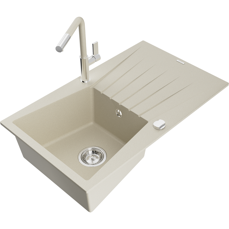 Mexen Cesar 1-compartment granite sink with a drip tray and kitchen mixer tap Flora, Beige - 6514-69-670401-09