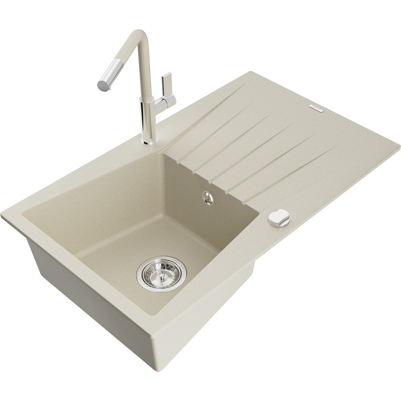 Mexen Cesar granite 1-bowl sink with drainer and Flora kitchen faucet, beige - 6514-69-670401-09