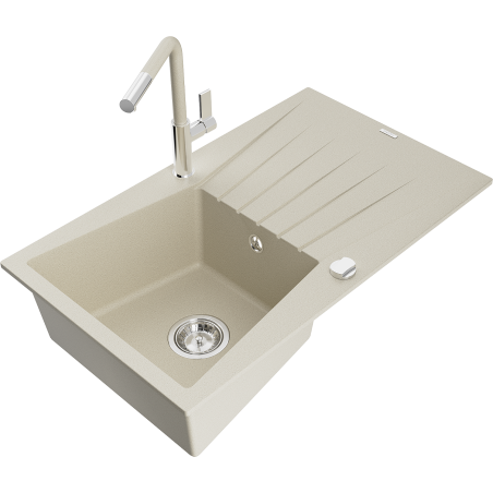 Mexen Cesar 1-bowl granite sink with drainer and Flora kitchen faucet, beige - 6514-69-670401-09