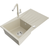 Mexen Cesar granite 1-bowl sink with drainer and Flora kitchen faucet, beige - 6514-69-670401-09