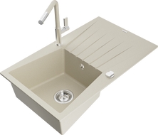 Mexen Cesar granite 1-bowl sink with drainer and Flora kitchen faucet, beige - 6514-69-670401-09