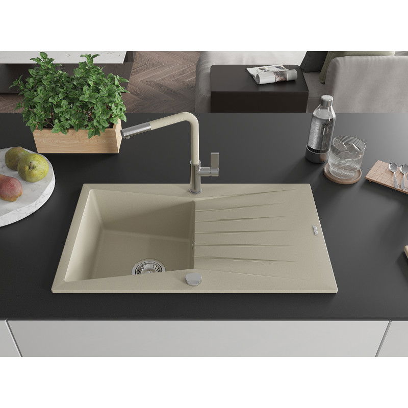 Mexen Cesar 1-bowl granite sink with drainer and Flora kitchen faucet, beige - 6514-69-670401-09