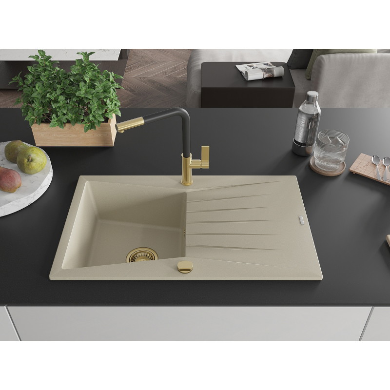 Mexen Cesar single-bowl granite sink with drainer and Flora kitchen faucet, beige - 6514-69-670401-57-G