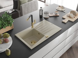 Mexen Cesar 1-compartment granite sink with a drip tray and kitchen mixer tap Flora, Beige - 6514-69-670401-57-G