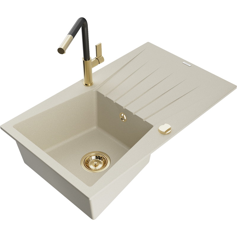 Mexen Cesar granite sink 1-bowl with drainer and Flora kitchen faucet, beige - 6514-69-670401-57-G