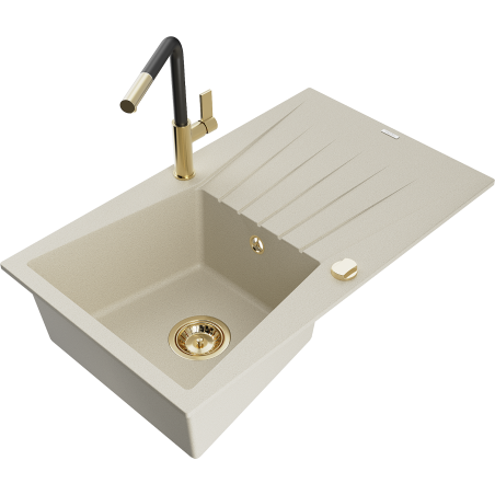 Mexen Cesar granite sink 1-bowl with drainer and Flora kitchen faucet, beige - 6514-69-670401-57-G