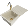 Mexen Cesar 1-compartment granite sink with a drip tray and kitchen mixer tap Flora, Beige - 6514-69-670401-57-G