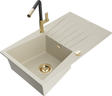 Mexen Cesar granite sink 1-bowl with drainer and Flora kitchen faucet, beige - 6514-69-670401-57-G