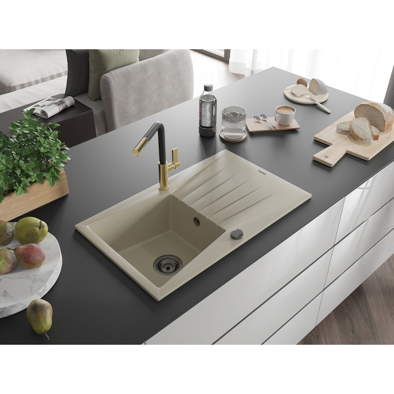 Mexen Cesar granite kitchen sink 1-bowl with drainer and Flora kitchen faucet, beige - 6514-69-670401-57-B