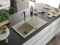 Mexen Cesar granite kitchen sink 1-bowl with drainer and Flora kitchen faucet, beige - 6514-69-670401-57-B