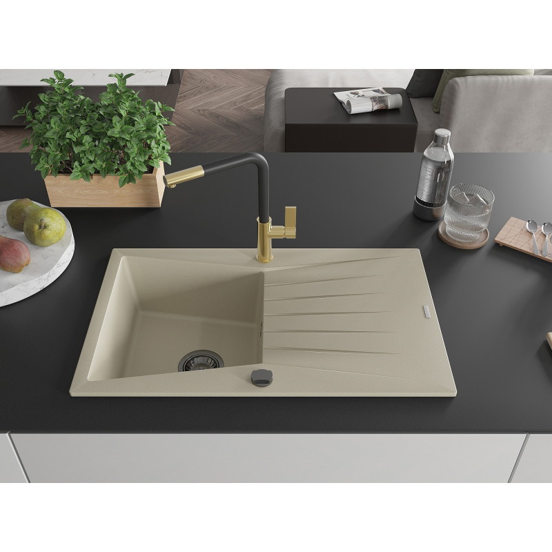 Mexen Cesar granite kitchen sink 1-bowl with drainer and Flora kitchen faucet, beige - 6514-69-670401-57-B