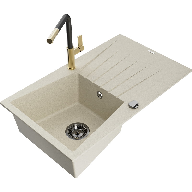 Mexen Cesar granite kitchen sink 1-bowl with drainer and Flora kitchen faucet, beige - 6514-69-670401-57-B