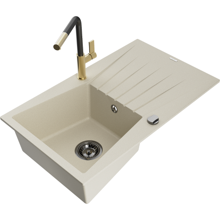 Mexen Cesar 1-compartment granite sink with a drip tray and kitchen mixer tap Flora, Beige - 6514-69-670401-57-B