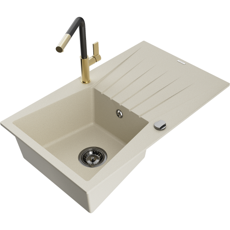 Mexen Cesar granite sink single bowl with drainer and Flora kitchen tap, beige - 6514-69-670401-57-B