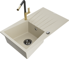 Mexen Cesar 1-compartment granite sink with a drip tray and kitchen mixer tap Flora, Beige - 6514-69-670401-57-B