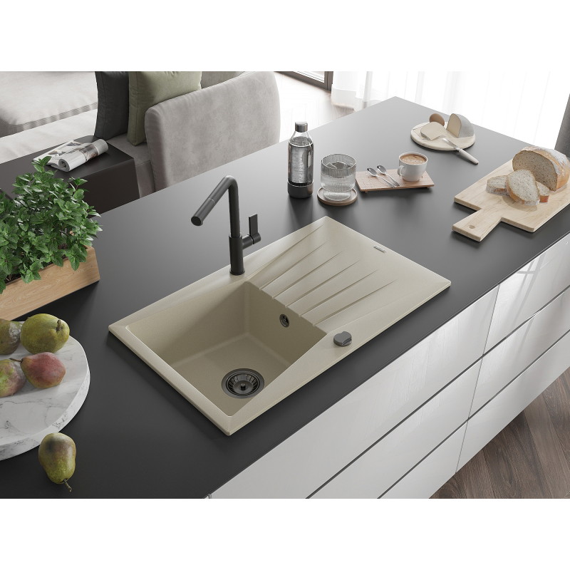 Mexen Cesar granite kitchen sink 1-bowl with drainer and Flora kitchen faucet, beige - 6514-69-670401-70-B