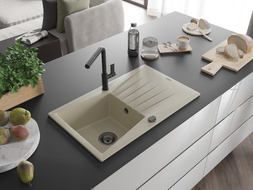 Mexen Cesar granite kitchen sink with 1 bowl, drainer, and Flora kitchen faucet, beige - 6514-69-670401-70-B