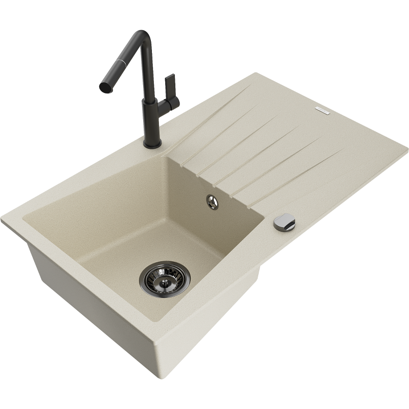 Mexen Cesar 1-compartment granite sink with a drip tray and kitchen mixer tap Flora, Beige - 6514-69-670401-70-B