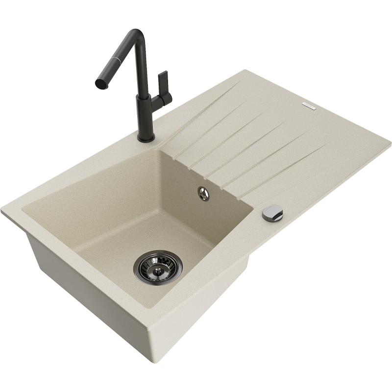 Mexen Cesar granite kitchen sink with 1 bowl, drainer, and Flora kitchen faucet, beige - 6514-69-670401-70-B