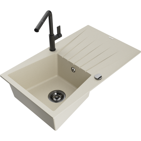 Mexen Cesar 1-compartment granite sink with a drip tray and kitchen mixer tap Flora, Beige - 6514-69-670401-70-B