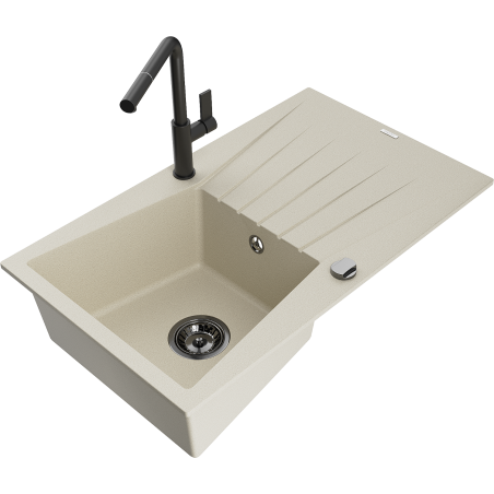 Mexen Cesar granite kitchen sink 1-bowl with drainer and Flora kitchen faucet, beige - 6514-69-670401-70-B