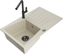 Mexen Cesar 1-compartment granite sink with a drip tray and kitchen mixer tap Flora, Beige - 6514-69-670401-70-B