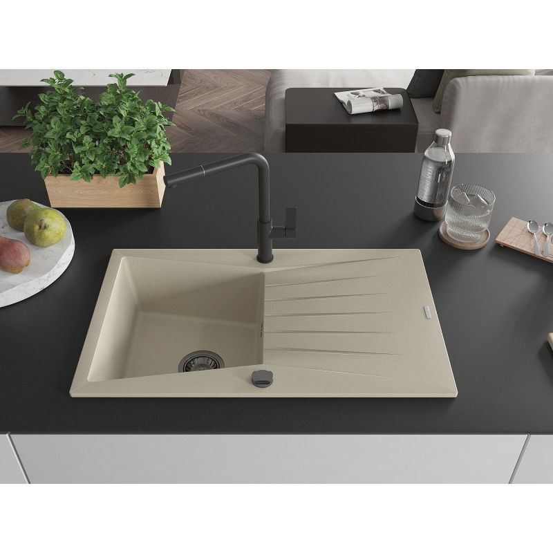 Mexen Cesar granite sink 1-bowl with drainer and Flora kitchen tap, beige - 6514-69-670401-70-B