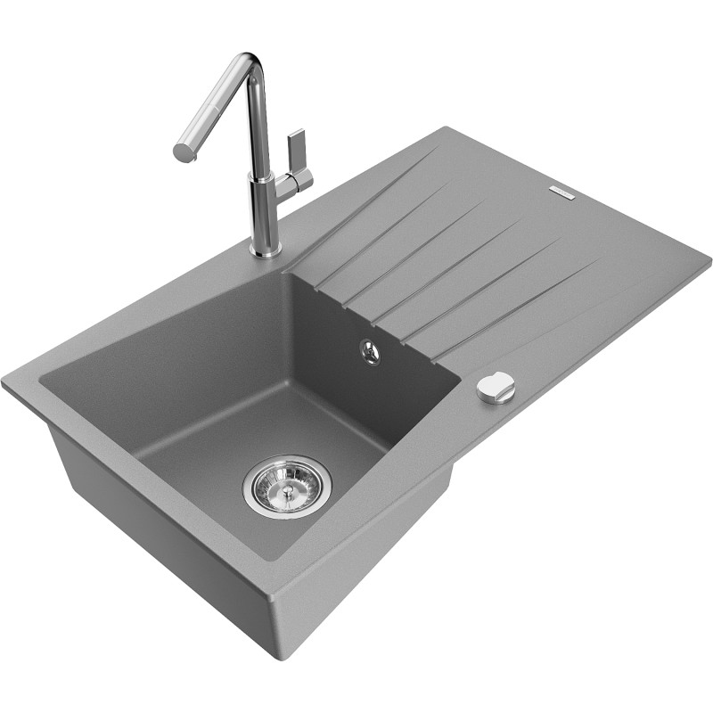 Mexen Cesar 1-bowl granite sink with drainer and Flora kitchen faucet, gray - 6514-71-670401-00