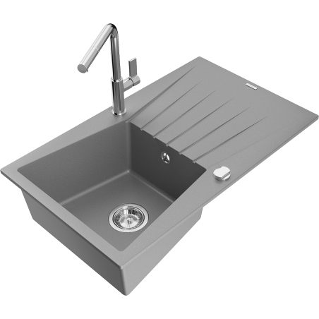 Mexen Cesar 1-compartment granite sink with a drip tray and kitchen mixer tap Flora, Grey - 6514-71-670401-00