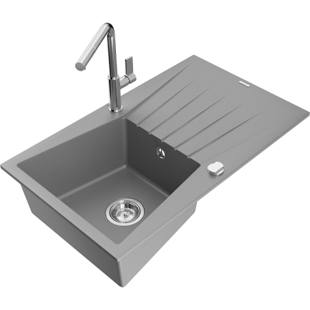 Mexen Cesar granite sink, single-bowl with drainer and Flora kitchen tap, grey - 6514-71-670401-00