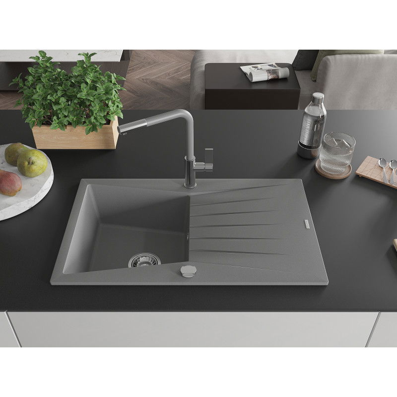 Mexen Cesar granite sink single-bowl with drainer and Flora kitchen tap, grey - 6514-71-670401-06