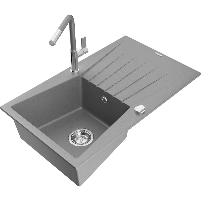 Mexen Cesar 1-compartment granite sink with a drip tray and kitchen mixer tap Flora, Grey - 6514-71-670401-06