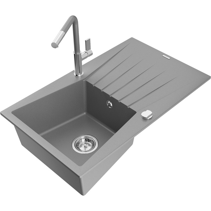 Mexen Cesar granite kitchen sink with 1 bowl, drainer, and Flora kitchen faucet, gray - 6514-71-670401-06