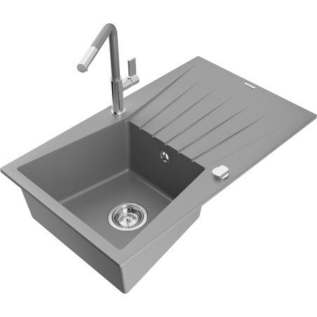 Mexen Cesar granite kitchen sink with 1 bowl, drainer, and Flora kitchen faucet, gray - 6514-71-670401-06