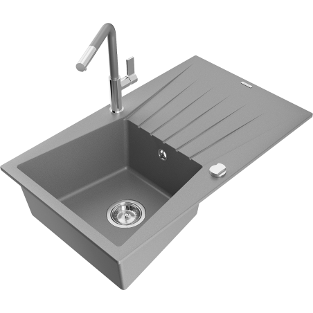 Mexen Cesar granite sink single-bowl with drainer and Flora kitchen tap, grey - 6514-71-670401-06