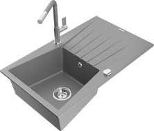 Mexen Cesar granite sink single-bowl with drainer and Flora kitchen tap, grey - 6514-71-670401-06