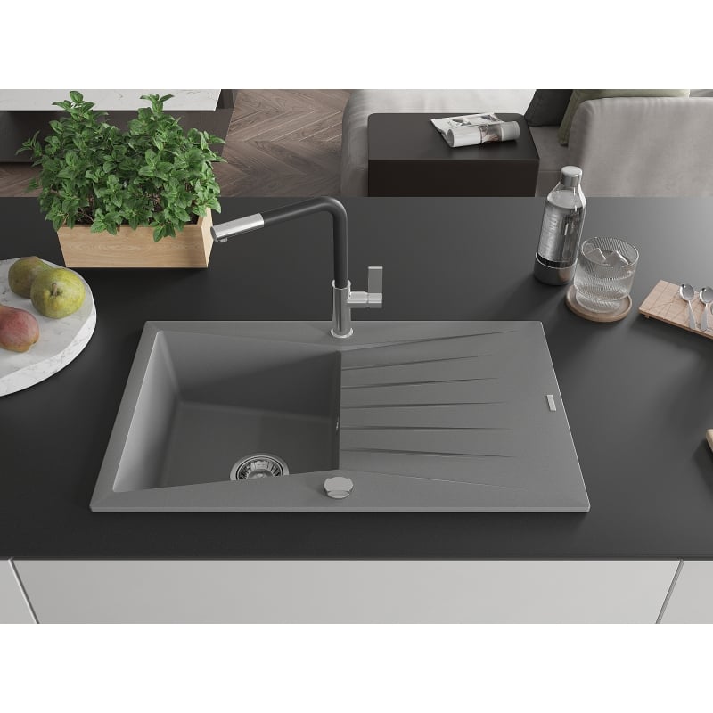 Mexen Cesar granite kitchen sink 1-bowl with drainer and Flora kitchen faucet, gray - 6514-71-670401-07