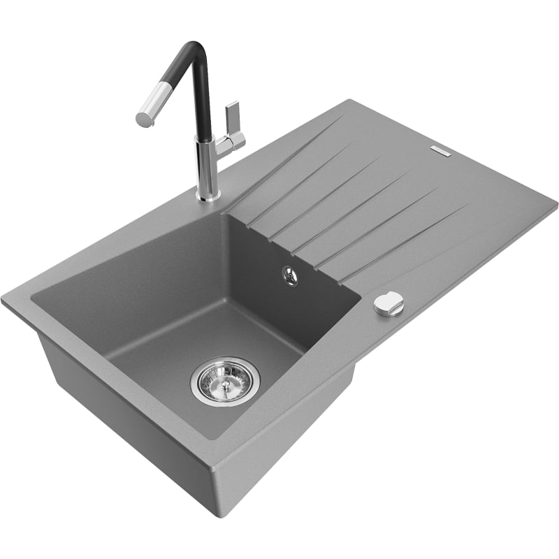 Mexen Cesar granite kitchen sink 1-bowl with drainer and Flora kitchen faucet, gray - 6514-71-670401-07