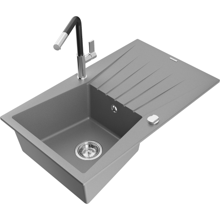 Mexen Cesar granite kitchen sink 1-bowl with drainer and Flora kitchen faucet, gray - 6514-71-670401-07