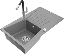 Mexen Cesar 1-compartment granite sink with a drip tray and kitchen mixer tap Flora, Grey - 6514-71-670401-07