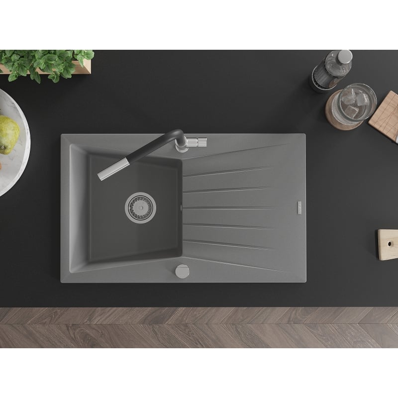 Mexen Cesar granite kitchen sink 1-bowl with drainer and Flora kitchen faucet, gray - 6514-71-670401-07