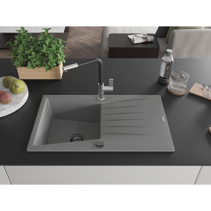 Mexen Cesar granite sink 1-bowl with drainer and Flora kitchen faucet, gray - 6514-71-670401-07-B