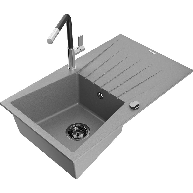 Mexen Cesar 1-bowl Granite Sink with Drainboard and Flora Kitchen Faucet, Gray - 6514-71-670401-07-B