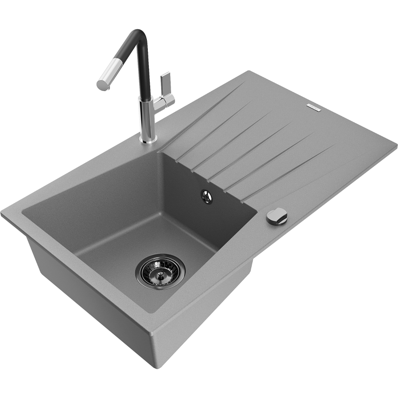 Mexen Cesar 1-compartment granite sink with a drip tray and kitchen mixer tap Flora, Grey - 6514-71-670401-07-B