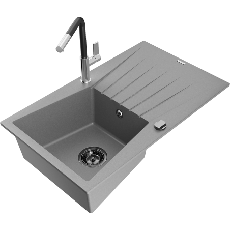 Mexen Cesar granite sink 1-bowl with drainer and Flora kitchen tap, grey - 6514-71-670401-07-B