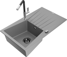 Mexen Cesar 1-compartment granite sink with a drip tray and kitchen mixer tap Flora, Grey - 6514-71-670401-07-B